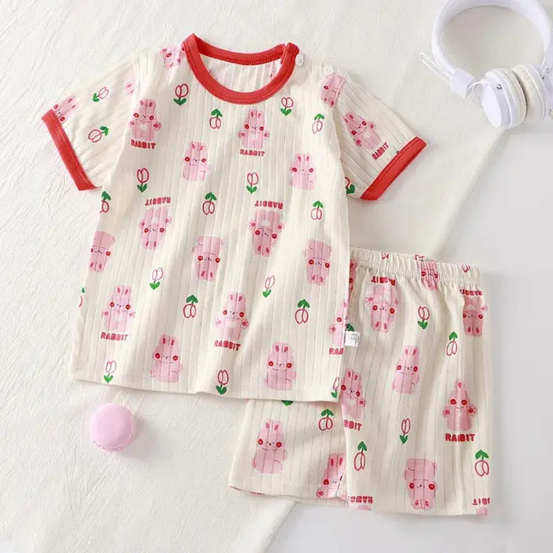 Fashion Print Baby Summer Pajamas Sets Kids Short Sleeved T-Shirt+Pants Children Pullover Top Toddler Outfit Cotton Tee Clothes