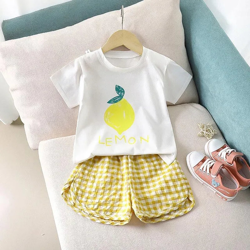 2Pcs Summer Baby Girls Clothes Toddler Short Sleeved Suits Thin Cotton Plaid Shorts Tee Sets Children Fashion Print T Shirt Pant