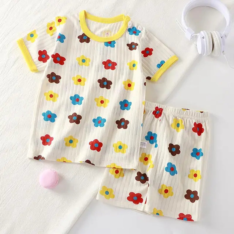 Fashion Print Baby Summer Pajamas Sets Kids Short Sleeved T-Shirt+Pants Children Pullover Top Toddler Outfit Cotton Tee Clothes