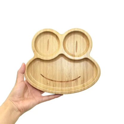 Baby Frog Wooden Dinner Plate Baby Feeding Bowl Children Feeding Tableware with Silicone Suction Cup Wooden Cartoon Dinner Plate