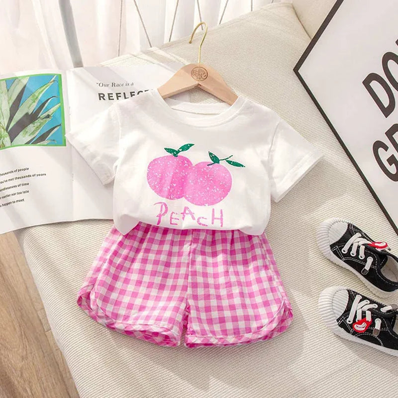 2Pcs Summer Baby Girls Clothes Toddler Short Sleeved Suits Thin Cotton Plaid Shorts Tee Sets Children Fashion Print T Shirt Pant