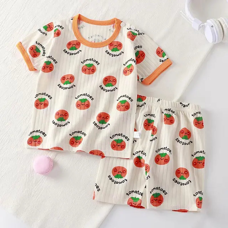 Fashion Print Baby Summer Pajamas Sets Kids Short Sleeved T-Shirt+Pants Children Pullover Top Toddler Outfit Cotton Tee Clothes