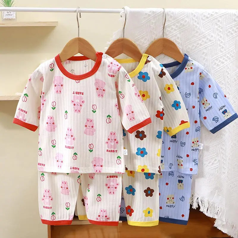 Fashion Print Baby Summer Pajamas Sets Kids Short Sleeved T-Shirt+Pants Children Pullover Top Toddler Outfit Cotton Tee Clothes