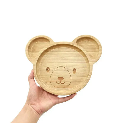 Baby Frog Wooden Dinner Plate Baby Feeding Bowl Children Feeding Tableware with Silicone Suction Cup Wooden Cartoon Dinner Plate