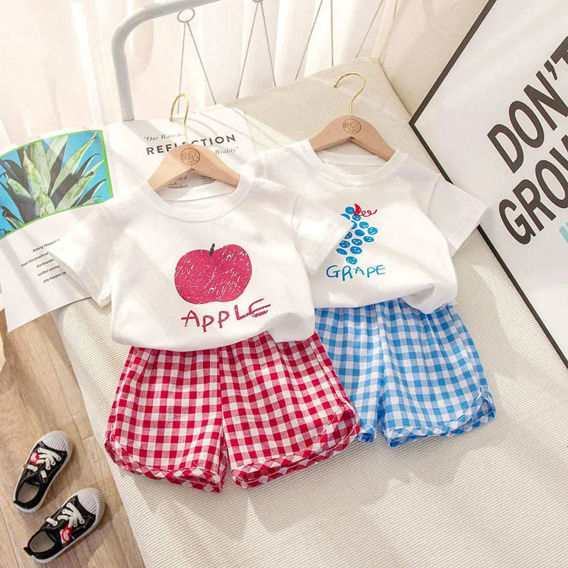 2Pcs Summer Baby Girls Clothes Toddler Short Sleeved Suits Thin Cotton Plaid Shorts Tee Sets Children Fashion Print T Shirt Pant