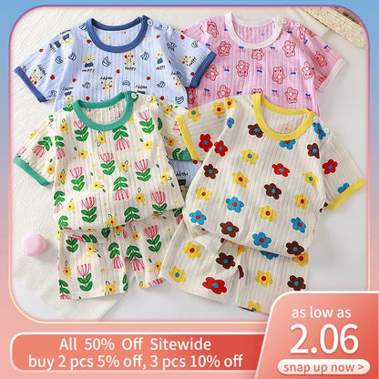 Fashion Print Baby Summer Pajamas Sets Kids Short Sleeved T-Shirt+Pants Children Pullover Top Toddler Outfit Cotton Tee Clothes