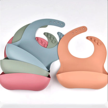 Baby Silicone Bib Waterproof Soft Solid Color 4-Speed Adjustable Bibs Newborn Lunch Feeding Saliva Pocke Kids Eating Accessories