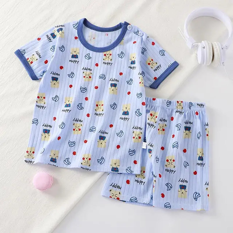 Fashion Print Baby Summer Pajamas Sets Kids Short Sleeved T-Shirt+Pants Children Pullover Top Toddler Outfit Cotton Tee Clothes