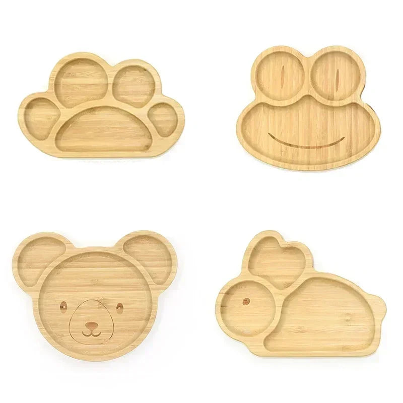 Baby Frog Wooden Dinner Plate Baby Feeding Bowl Children Feeding Tableware with Silicone Suction Cup Wooden Cartoon Dinner Plate