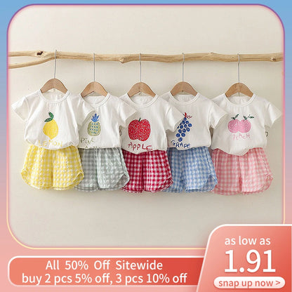 2Pcs Summer Baby Girls Clothes Toddler Short Sleeved Suits Thin Cotton Plaid Shorts Tee Sets Children Fashion Print T Shirt Pant