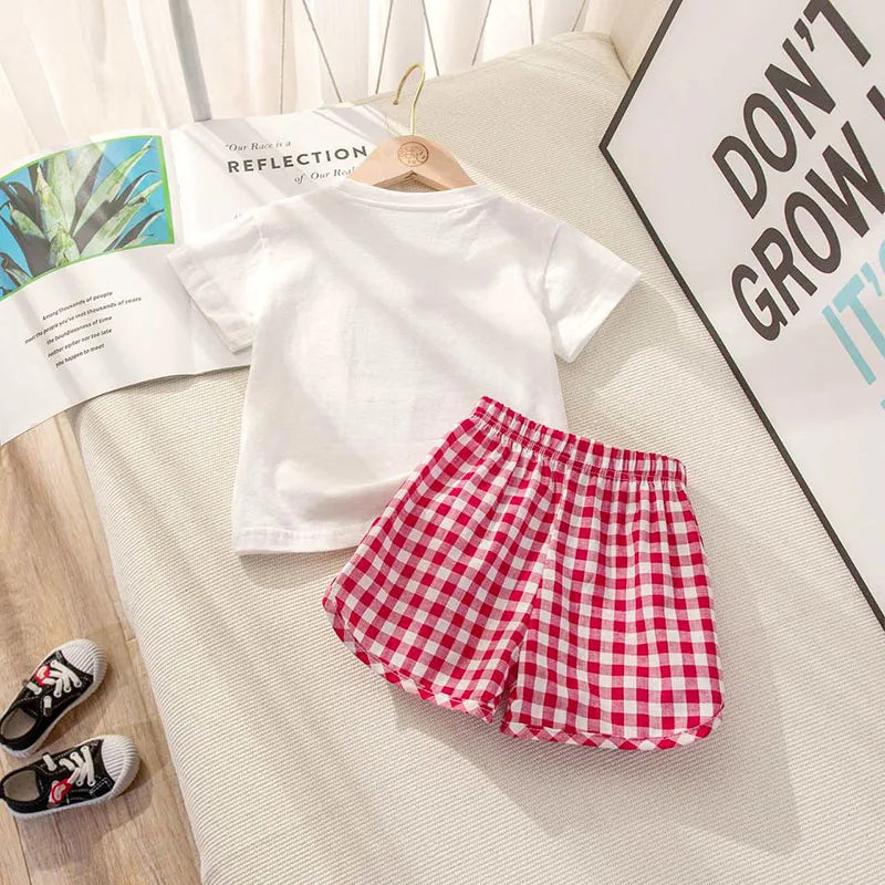 2Pcs Summer Baby Girls Clothes Toddler Short Sleeved Suits Thin Cotton Plaid Shorts Tee Sets Children Fashion Print T Shirt Pant