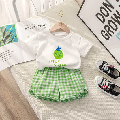 2Pcs Summer Baby Girls Clothes Toddler Short Sleeved Suits Thin Cotton Plaid Shorts Tee Sets Children Fashion Print T Shirt Pant