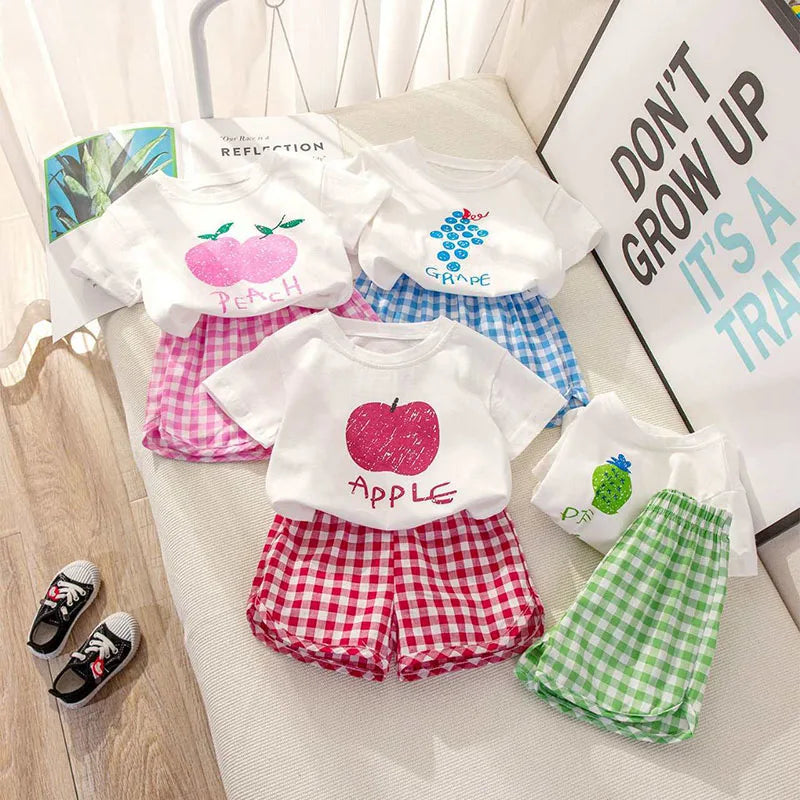 2Pcs Summer Baby Girls Clothes Toddler Short Sleeved Suits Thin Cotton Plaid Shorts Tee Sets Children Fashion Print T Shirt Pant