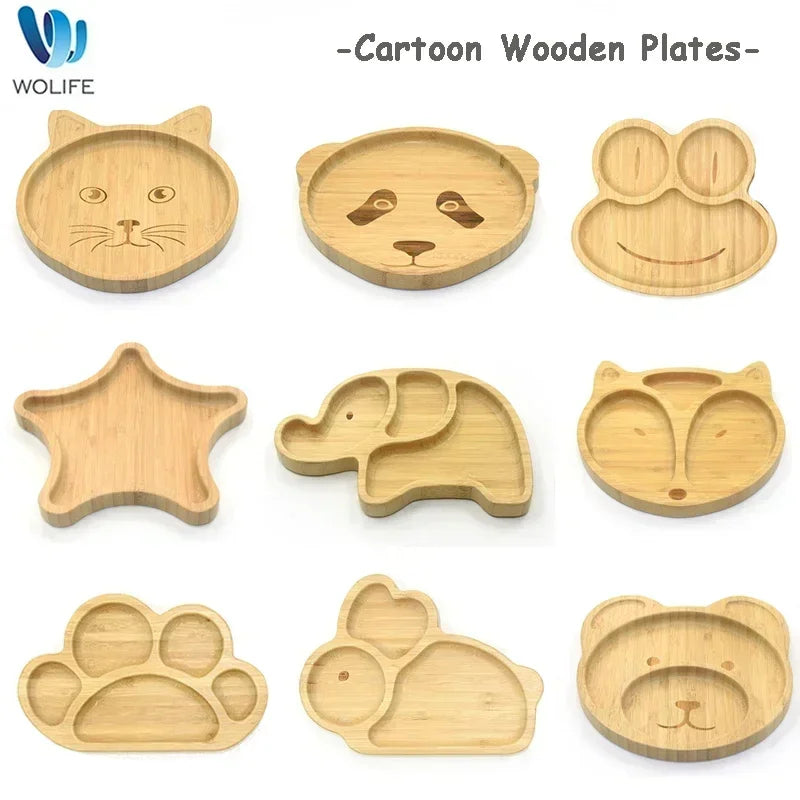 Baby Frog Wooden Dinner Plate Baby Feeding Bowl Children Feeding Tableware with Silicone Suction Cup Wooden Cartoon Dinner Plate